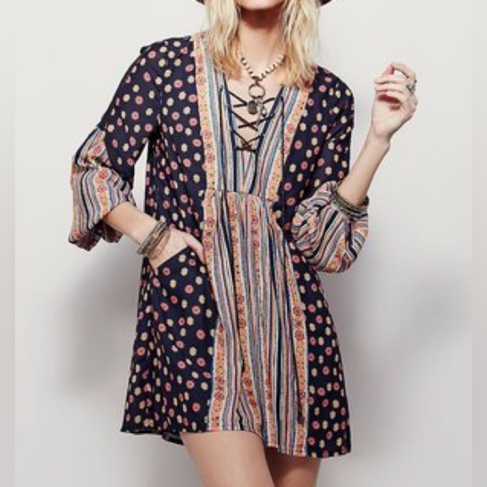 Free People Rain or Shine Floral and Striped Boho Dress